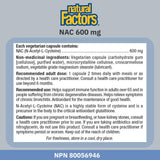 NEW Retails $34+ Natural Factors NAC Supplement (N-Acetyl-L-Cysteine), 600 mg, 180 Vegetarian Capsules, VALUE SIZE, Free Form Amino Acid, Helps Restore Glutathione Levels, Antioxidant Support, Proudly Canadian, BB: Mar/2029