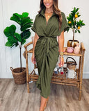 NEW BTFBM Women's Long Sleeve Lapel V Neck Button Down Army Green Dress Belted Elegant Ruched Spring Summer Maxi Shirt Dress - Size M - Retails $59+