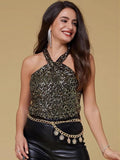 NEW GRACE KARIN Women's Sequin Sparkle Tank Tops Halter Neck Keyhole Knot Slim Fit Cocktail Tops, Sz M, Retails $53