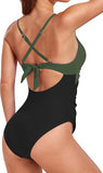 NEW Vozobi Women's One Piece Swimsuits Tummy Control Cutout High Waisted Bathing Suit Wrap Tie Back 1 Piece Swimsuit, Army Green & Black, Sz L