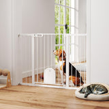 NEW Retails $120, PawHut 30"-52" Extra Wide Pet Gate with Small Door, 35" H Dog Gate with Safety Gate Barrier, Stair Pressure Fit, Auto Close, Double Locking, for Doorways, Hallways, White