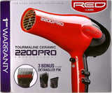 NEW Red by Kiss 2200 Pro Tourmaline Ceramic Blow Dryer, 3 Bonus Detangler Piks Included