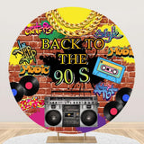 NEW 7.2x7.2ft Back to The 90's Backdrop Round Hip Hop Graffiti Brick Wall Retro Radio Fashion Photography Background for 90s Theme Party Decorations Circle Arch Photo Shoot Props