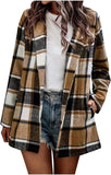 NEW Womens Plaid Print Casual Open Front Cardigan Jackets Fleece Long Sleeve Oversized Lapel Sherpa Coat with Pockets, Khaki, Sz L