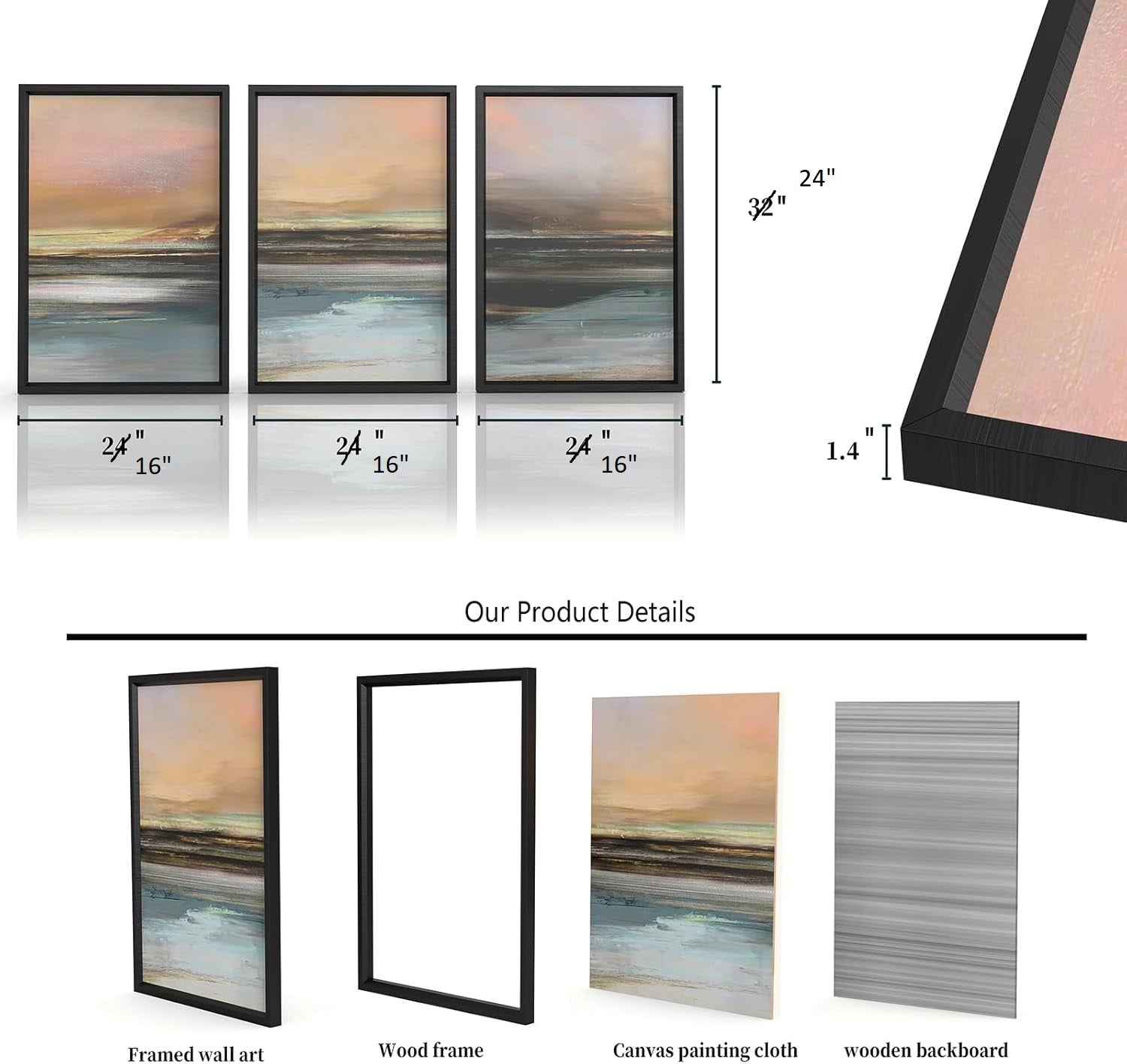 NEW Retails $81, Set of 3 Coastal Framed Wall Art Paintings 16 x 24 Inch each frame, Modern Abstract Shapes Wall Decor for Living Room Bedroom Office Home
