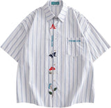 NEW GUREITOJP Men's Striped Shirt, Short Sleeve Shirt, Embroidered Decoration, Casual Shirt, Thin, Lightweight, Fold-Down Collar, Summer Clothes, Shirt Jacket, Sun Protection, Chest Pocket, Quick Drying, Sz M, Retails $50