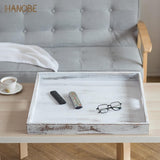 NEW Retails $60+, Hanobe Square Large Ottoman Tray: Extra Large Serving Tray with Handles Rustic Wood Whitewash Decorative Coffee Table Trays Farmhouse Home Decor for Living Room Kitchen Counter 21"