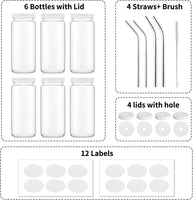 NEW Glass Juice Bottles for Juicing, Airtight Lids & 4 Straws & 4 Lids w Hole, 16 oz Jars with Lids, Reusable Travel Water Cups, 12 Labels for Smoothies, Tea, Milk, Homemade Beverage (6 Pack, White Lids), Retails $84