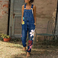 NEW WUAI-Women Denim Overalls Jumpsuit Casual Floral Printed Baggy Loose Bib Jeans Pants Rompers with Pockets, Sz XXL