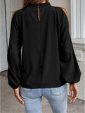 NEW Cold Shoulder Satin Blouse, Pleated Stylish Long Sleeve Top for Work (S), Black