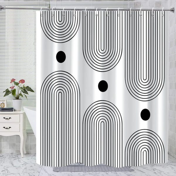 NEW White and Black Shower Curtain, Boho Minimalist Mid Century Modern Arch Geometric Machine Washable Waterproof Fabric for Bathroom Bathtub Decor with Hooks 72x72