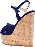 NEW Aachcol Women Cork Wedge Sandals Platform High Heel Peep Open Toe Ankle Strap Slingback Clear Dress Shoes Classic Cute, Sz 7 , Navy Blue Suede, Retails $87+