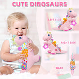 NEW Baby Sensory Dino Musical Stuffed Animal Toys for 0-3-6-9-12 Months, Infant Dinosaur Tummy Time Toys with Crinkle Sound Paper, Teether, Textures & Rattles for Newborn Boys Girls Birthday Gifts, Pink