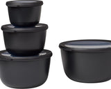 NEW Retails $150, Mepal, Cirqula Set of 4 Multi Food Storage and Serving Bowls with Lids, Food Prep Containers, Deep, Nordic Black, 1 each (17oz, 34oz, 68oz, 101oz), 1 Set