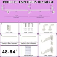 NEW White Disc Curtain Rods, 48-84 Inches Window Curtain Rod, Adjustable Room Darkening Curtain Rod with Aluminum Finials and Brackets, Wrap Around Design - Retails $116+