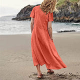 NEW Retails $65, Cotton Linen Dress Loose Solid Color Short Sleeve Maxi Dress Women Mothers Day Dresses with Pocket, Orange, Fits M/L