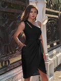 NEW Women's One Shoulder Ruched Bodycon Midi Dress Sexy Cutout Party Cocktail Club Dresses with Pocket, Black, Sz XL