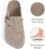 NEW Dumalum Clogs for Women Suede Boston Clogs Adjustable Buckle Slip-on Cork Footbed Mules Clogs Antislip Sole Slippers Unisex, Camel, Sz 6.5