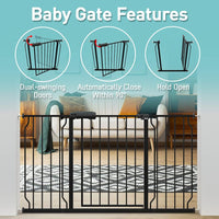 NEW WAOWAO Baby Gate 48.03-52.76inch Extra Wide Pressure Mounted Walk 49 50 51 52 Inches Through Swing Auto Close Safety Black Metal Toddler Kids Child Dog Pet Puppy Cat for Stairs, Doorways, Kitchen (Black, 48.03-52.76"/122-134cm), Retails $154+