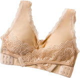 New Women Comfort Wireless Lace Lift Bra Classic Front Cross Side Buckle Yoga Sports Lace Bra, Beige, Sz 3X, Fits like 1X