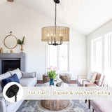 NEW Retails $155, Farmhouse Rattan Chandelier 5 Light Rustic Hand Woven Large Boho Chandeliers for Dining Room Light Fixtures Ceiling Hanging 19" Wicker Drum Pendant Lighting for Kitchen Island Living Room FoyerHallway