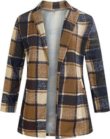 NEW Womens Plaid Print Casual Open Front Cardigan Jackets Fleece Long Sleeve Oversized Lapel Sherpa Coat with Pockets, Khaki, Sz L