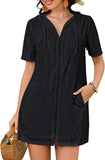 NEW Retails $48, Bsubseach Women's Terry Cloth Swim Cover Up Zipper Hooded Swimsuit Coverup Short Sleeve Beach Coverup with Pockets, Black, Sz Women's M
