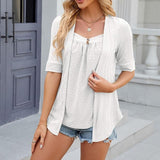 NEW Shirt for Women 2 in 1 Blouse Layered Summer Trendy Short Sleeve Square Neck Eyelet Shirts Dressy Casual Tops 2024, White, Sz L