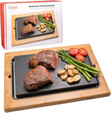 NEW in box! Retails $170, Cooking Stone (12.5" x 7.5") w Bamboo Platter - Extra Large Lava Hot Stone Tabletop Grill- Cooking Platter and Cold XL Lava Rock for Indoor BBQ, Hibachi Grilling Stone- Great Gift for at Home Chef