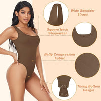 NEW TDIFFUN Womens 3 Piece Shapewear Bodysuit Tummy Control Thong Body Shaper Seamless Ribbed Square Neck Jumpsuit T-Back - Black, Ivory & Brown - Sz S