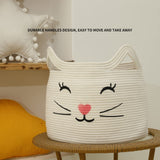 NEW Retails $47, Large Cat Face Cotton Rope Gift Wicker Basket Hamper Wicker for Toys Towels (White)