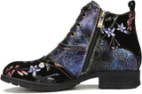 NEW Superladystar's Genuine Leather Embossed Comfy women's Ankle Boots, Low Heel, Hand-painted, Retro Ethnic Style, Purple, Sz 7, Retails $120