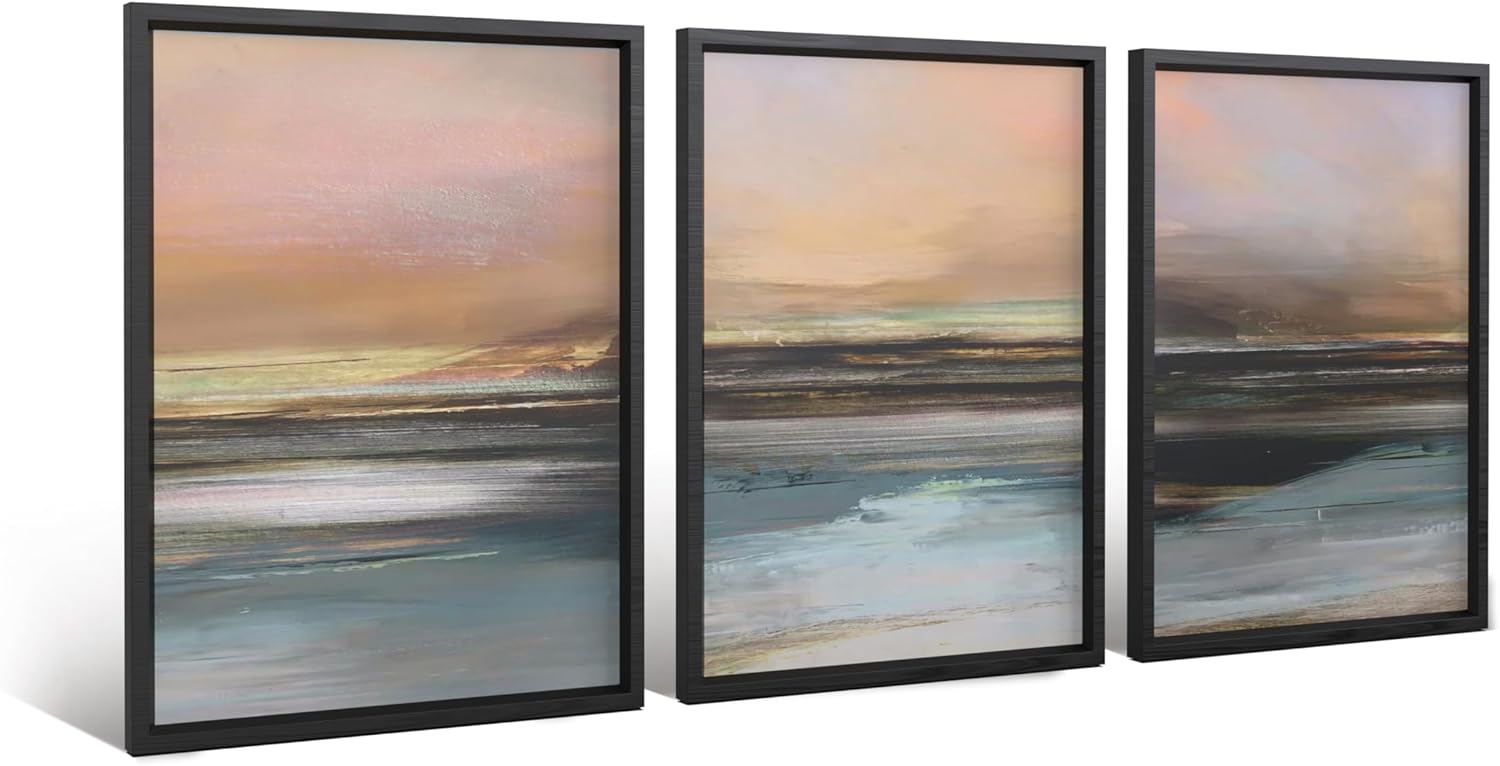 NEW Retails $81, Set of 3 Coastal Framed Wall Art Paintings 16 x 24 Inch each frame, Modern Abstract Shapes Wall Decor for Living Room Bedroom Office Home