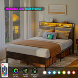 NEW IN BOX! Retails $240+ HOOBRO Full/Double Bed Frame with Storage Headboard, Upholstered Platform Bed, Bed Frame with Charging Station and LED Light, Headboard with Storage Shelves, USB Ports, Charcoal Grey