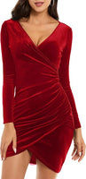 NEW GUBERRY Womens Wrap V Neck Long Sleeve Stretch Velvet Bodycon Ruched Cocktail Party Dress, Burgundy Sz XL