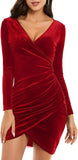 NEW GUBERRY Womens Wrap V Neck Long Sleeve Stretch Velvet Bodycon Ruched Cocktail Party Dress, Burgundy Sz XL