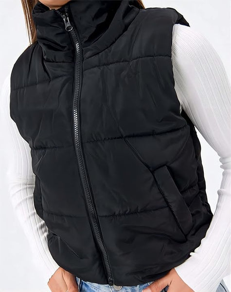 NEW VELISDE Women's Cropped Puffer Vest Women Sleeveless Winter Outerwear Warm Lightweight Stand-up Collar Short with Pockets, Black, Sz S, Retails $63