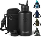 NEW Thermosis 64 Oz Stainless Steel Insulated Water Bottle with Straw & Holder Strap - Includes 2 Lids - Leak Proof - Black!