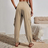 NEW Women Fashion Casual Solid Color High Waist Casual Pants Pocket Side Drawstring Hem Casual Pants Women Elastic, Khaki, Sz L