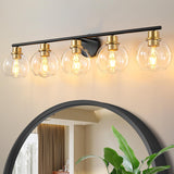 NEW Retails $170, Bathroom Light Fixtures Over Mirror 5-Lights Bathroom Vanity Light with Clear Globe Glass Shade 37.4 inch Modern Black and Gold Vanity Lights Wall Sconce Lighting for Bath