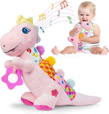 NEW Baby Sensory Dino Musical Stuffed Animal Toys for 0-3-6-9-12 Months, Infant Dinosaur Tummy Time Toys with Crinkle Sound Paper, Teether, Textures & Rattles for Newborn Boys Girls Birthday Gifts, Pink