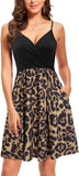 NEW VOTEPRETTY Women's Leopard Print Casual Sundress V Neck Spaghetti Strap Beach Dress with Pockets Sz M