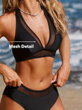 NEW CUPSHE Women's Bikini Sets Halter Deep V Neck Back Tie Mid Rise Mesh Backless, Black, Sz M