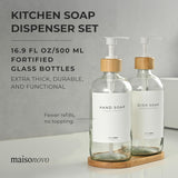 NEW Maisonovo Plastic Soap Dispenser Set | Hand Soap and Dish Soap Dispenser Set | 500ml Clear Bottles with White Bamboo Pump | Bathroom Lotion Dispenser with Pump Set of 2