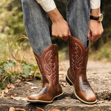 NEW Abborora Men's Western Cowboy Boots Men's Boots with Classic Embroidered, Slip on Square Toe Boots Country Boots Work Boots for Men, Brown, Men's Sz 38 (5), Retails $78