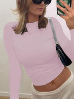 NEW Women's Backless Solid Casual Long sleeve Sexy Vintage Cut Out Tee Light Pink, Sz S