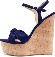 NEW Aachcol Women Cork Wedge Sandals Platform High Heel Peep Open Toe Ankle Strap Slingback Clear Dress Shoes Classic Cute, Sz 7 , Navy Blue Suede, Retails $87+