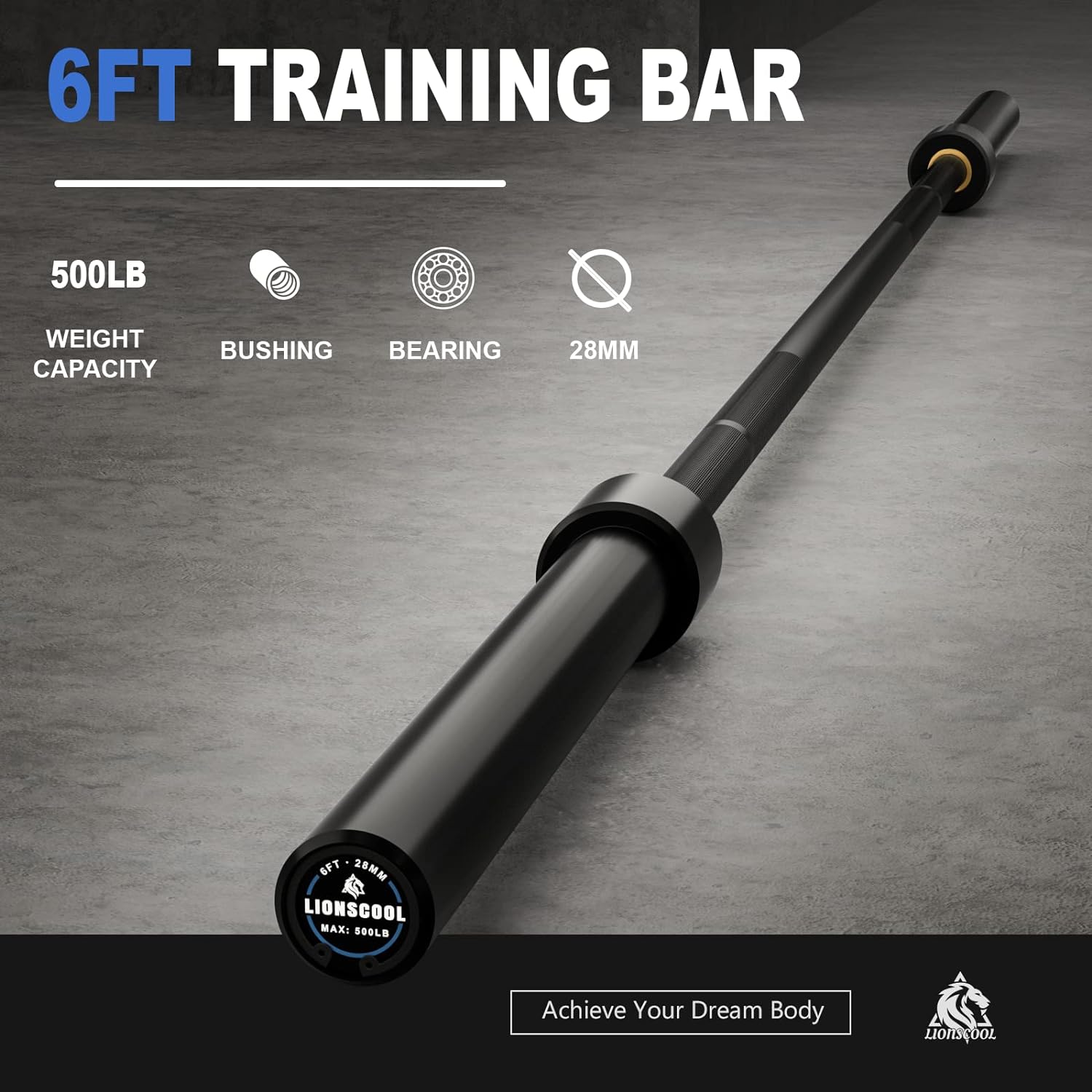 NEW Retails $400+ LIONSCOOL Premium 4ft/6ft Barbell for Strength Training and Olympic Weightlifting, 2 Inch Bar with 2 Collars for Squats, Deadlifts, Presses, Hip Thrusts, Rows and Curls, 500LBS Weight Capacity