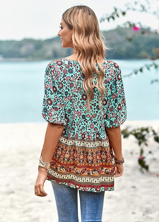 NEW Boho Tops for Women Floral Print V Neck Lantern Short Sleeve Summer Shirts Tops Casual Loose Tassel Boho Blouses Sz M, Sky Blue