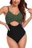 NEW Vozobi Women's One Piece Swimsuits Tummy Control Cutout High Waisted Bathing Suit Wrap Tie Back 1 Piece Swimsuit, Army Green & Black, Sz L